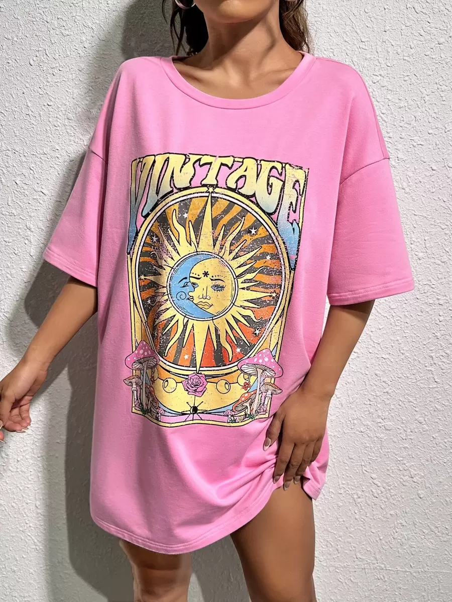 SHEIN EZwear 日月圖案落肩T恤連衣裙 - 粉色 - 查看 1