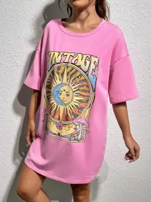 SHEIN EZwear 日月圖案落肩T恤連衣裙 - 粉色 - 查看 4