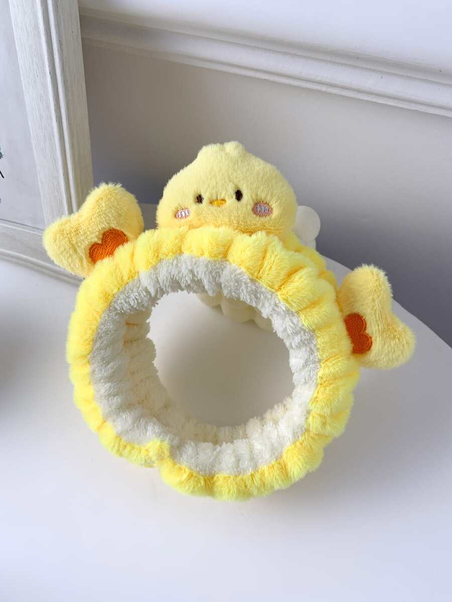 1 件拼色黄色小鸡头带，可爱卡通小鸡羊毛面料头带，适合居家佩戴、洗脸、化妆和敷面膜