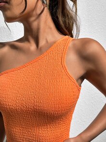 SHEIN EZwear 素色單肩短款上衣 - 橘色 - 查看 6