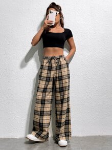 SHEIN EZwear 格紋印花腰部抽繩長褲 - 彩色 - 查看 6