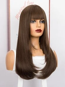 22英寸黑色直長頭套合成纖維假髮,適用於日常使用 - 棕色 - 查看 6