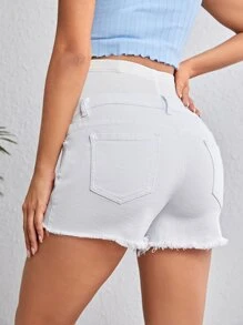 SHEIN Maternity Ripped Raw Hem Denim Shorts - White - View 2