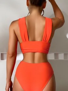 Crisscross Front Ruched High Waisted Summer Beach Bikini - Burnt Orange - View 2