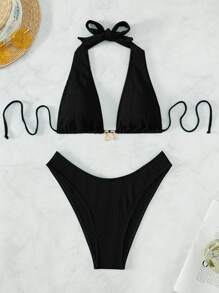 Swim SXY Summer Beach Chain Linked Halter Bikini Set - Black - View 6
