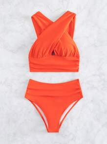 Crisscross Front Ruched High Waisted Summer Beach Bikini - Burnt Orange - View 4