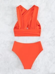 Crisscross Front Ruched High Waisted Summer Beach Bikini - Burnt Orange - View 7