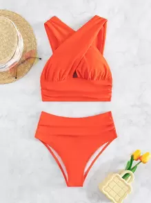 Crisscross Front Ruched High Waisted Summer Beach Bikini - Burnt Orange - View 8
