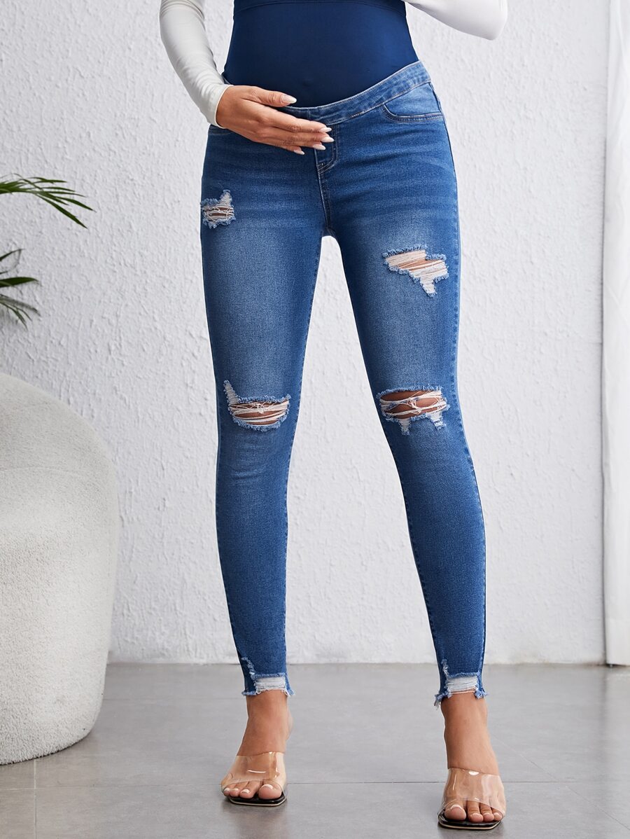 SHEIN 孕妇可调节腰部破洞毛边紧身牛仔裤妈妈牛仔裤 - 深色水洗藍 - 查看 1