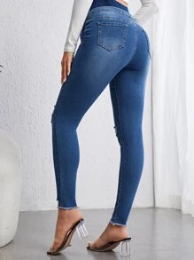 SHEIN 孕妇可调节腰部破洞毛边紧身牛仔裤妈妈牛仔裤 - 深色水洗藍 - 查看 2