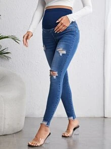 SHEIN 孕妇可调节腰部破洞毛边紧身牛仔裤妈妈牛仔裤 - 深色水洗藍 - 查看 7