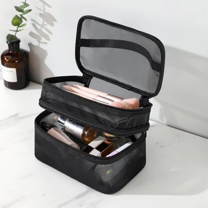 1Pc Multifunction Black Mesh Large Capacity Double Layer Travel Partition Storage Makeup Bag For Women Girls Makeup Bag Makeup Pouch Skincare Bag Toiletry Bag Packing Cubes, Travel Essentials Cruise Essentials Dorm Essentials, Wedding Bridesmaid Gifts, Mom Gifts, Birthday Gifts, Bathroom Living Room Bed Bathroom Organizer, Jewelry Organizer, Lip Oil Organizer,Pouch,Makeup Pouch,Travel Essential