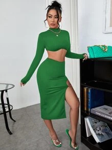 SHEIN SXY 小高領短款T恤和鏈條細節高衩半身裙 - 綠色 - 查看 3