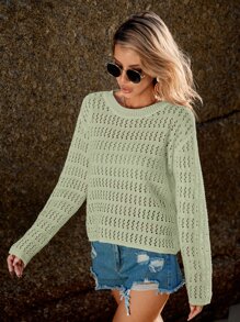 SHEIN VCAY Áo len nữ Cắt ra màu trơn Giải trí - Màu xanh Bạc hà - Xem 3