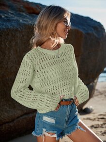 SHEIN VCAY Áo len nữ Cắt ra màu trơn Giải trí - Màu xanh Bạc hà - Xem 5