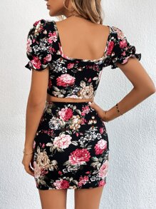SHEIN Privé Floral Print Puff Sleeve Crop Top & Bodycon Skirt - Black - View 2