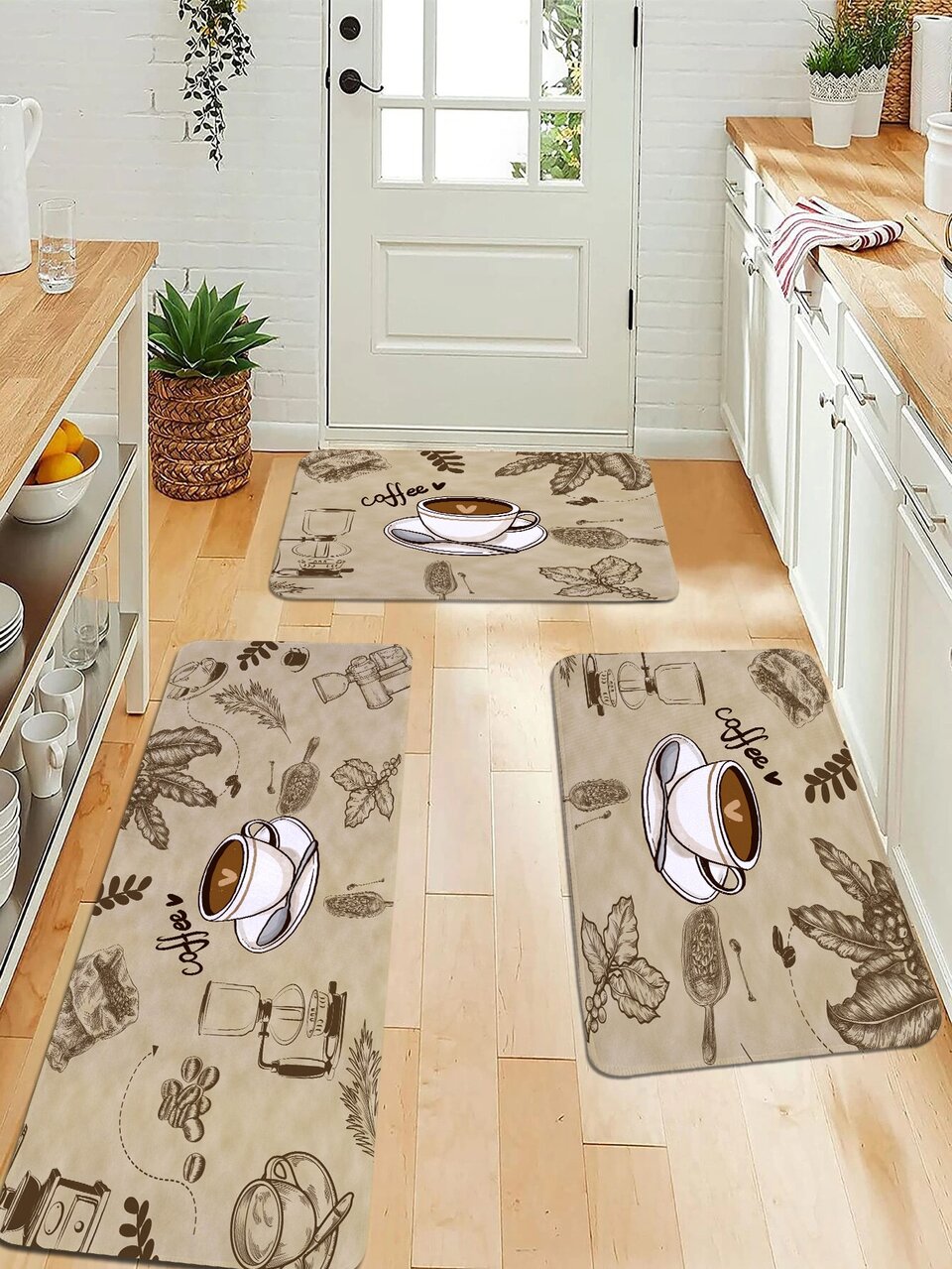 1pc Coffee Print Kitchen Rug, Retro Polyester Kitchen Mat For Kitchen