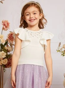 SHEIN Young Girl 1pc Contrast Lace Ruffle Trim Butterfly Sleeve Top - White - View 4
