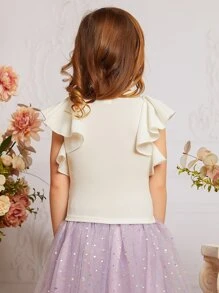 SHEIN Young Girl 1pc Contrast Lace Ruffle Trim Butterfly Sleeve Top - White - View 2