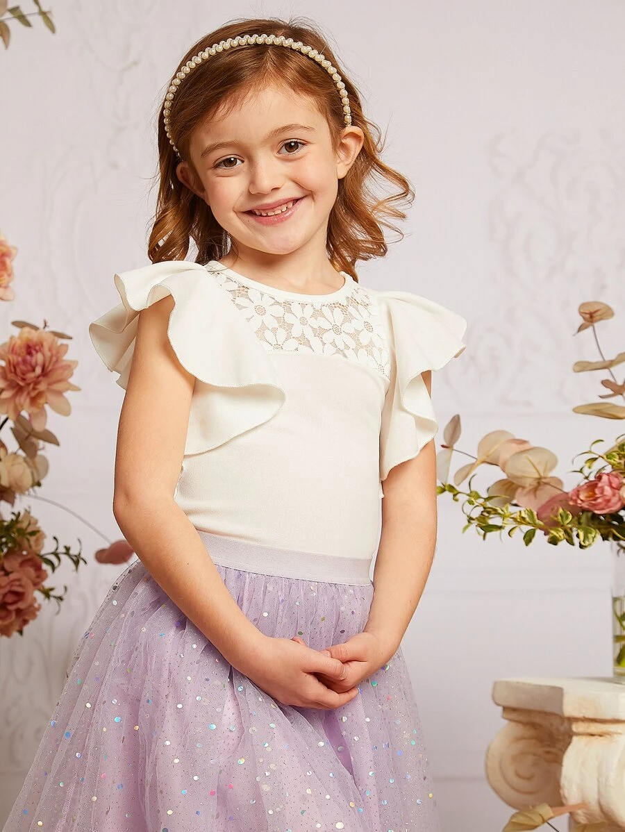 SHEIN Young Girl 1pc Contrast Lace Ruffle Trim Butterfly Sleeve Top - White - View 1