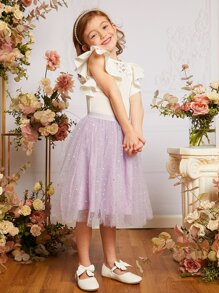 SHEIN Young Girl 1pc Contrast Lace Ruffle Trim Butterfly Sleeve Top - White - View 5