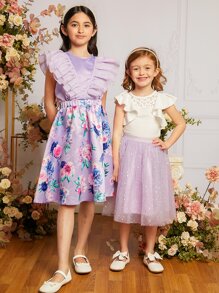 SHEIN Young Girl 1pc Contrast Lace Ruffle Trim Butterfly Sleeve Top - White - View 6