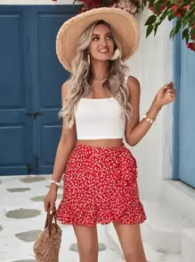 SHEIN Frenchy Solid Crop Tank Top & Ditsy Floral Print Ruffle Hem Skirt - Red and White - View 1