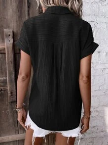 SHEIN LUNE Áo sơ mi nữ Nút phía trước màu trơn Giải trí - màu đen - Xem 2