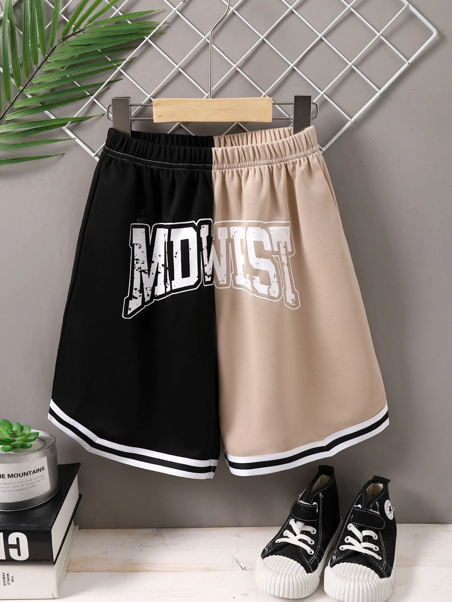 Boys Colourblock Letter Graphic Striped Trim Shorts - Multicolor - View 1