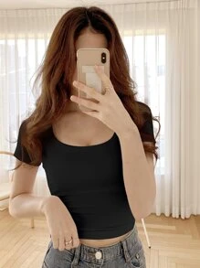 DAZY Solid Scoop Neck Crop Tee - Black - View 2