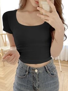 DAZY Solid Scoop Neck Crop Tee - Black - View 4