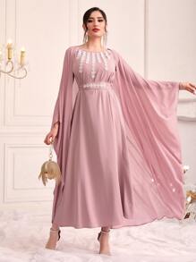 Modelyn Váy dạ hội dài tay có thắt lưng họa tiết hoa - Bụi hồng - Xem 1