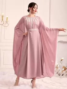 Modelyn Váy dạ hội dài tay có thắt lưng họa tiết hoa - Bụi hồng - Xem 4