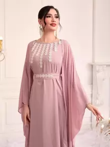 Modelyn Váy dạ hội dài tay có thắt lưng họa tiết hoa - Bụi hồng - Xem 3