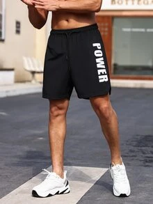 Men Letter Graphic Drawstring Waist Sports Shorts - Black - View 3