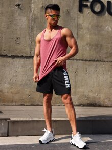 Men Letter Graphic Drawstring Waist Sports Shorts - Black - View 4