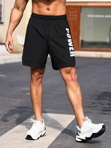 Men Letter Graphic Drawstring Waist Sports Shorts - Black - View 6