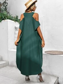 SHEIN VCAY Contrast Tape Cold Shoulder Dolman Sleeve Dress - Army Green - View 2