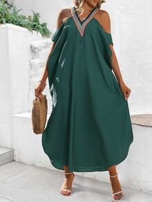 SHEIN VCAY Contrast Tape Cold Shoulder Dolman Sleeve Dress - Army Green - View 3