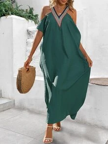 SHEIN VCAY Contrast Tape Cold Shoulder Dolman Sleeve Dress - Army Green - View 4