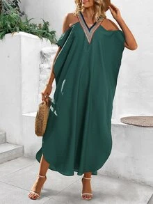 SHEIN VCAY Contrast Tape Cold Shoulder Dolman Sleeve Dress - Army Green - View 5