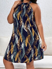 SHEIN Holidaya Plus Allover Print Halter Neck Tunic Dress - Navy Blue - View 1