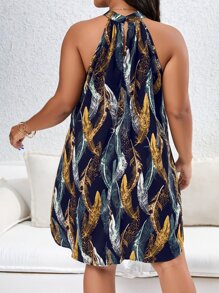 SHEIN Holidaya Plus Allover Print Halter Neck Tunic Dress - Navy Blue - View 2