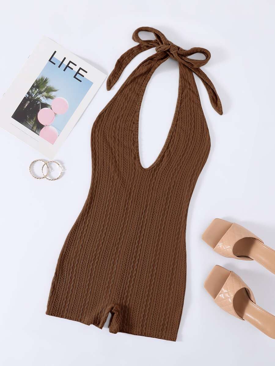 SHEIN Unity Solid Halter Neck Backless Cable Knit Unitard Romper - Chocolate Brown - View 1