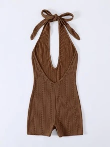 SHEIN Unity Solid Halter Neck Backless Cable Knit Unitard Romper - Chocolate Brown - View 2