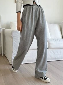 DAZY Solid Elastic Waist Slant Pocket Joggers - Grey - View 3