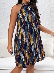 SHEIN Holidaya Plus Allover Print Halter Neck Tunic Dress - Navy Blue - View 3