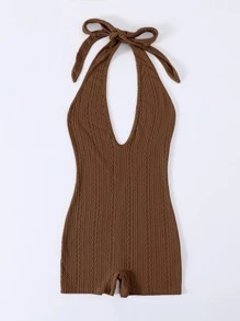 SHEIN Unity Solid Halter Neck Backless Cable Knit Unitard Romper - Chocolate Brown - View 3
