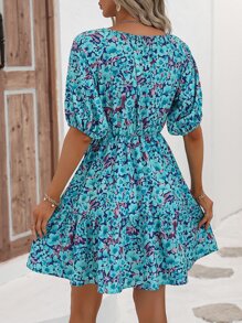 Breezaya Đầm xòe tay bồng in họa tiết hoa toàn thân cho trang phục đi biển dành cho nữ - Màu xanh bạc hà - Xem 2