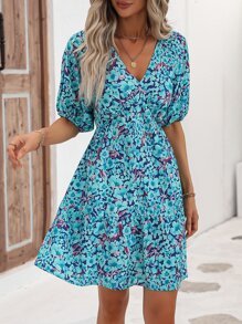 Breezaya Đầm xòe tay bồng in họa tiết hoa toàn thân cho trang phục đi biển dành cho nữ - Màu xanh bạc hà - Xem 5